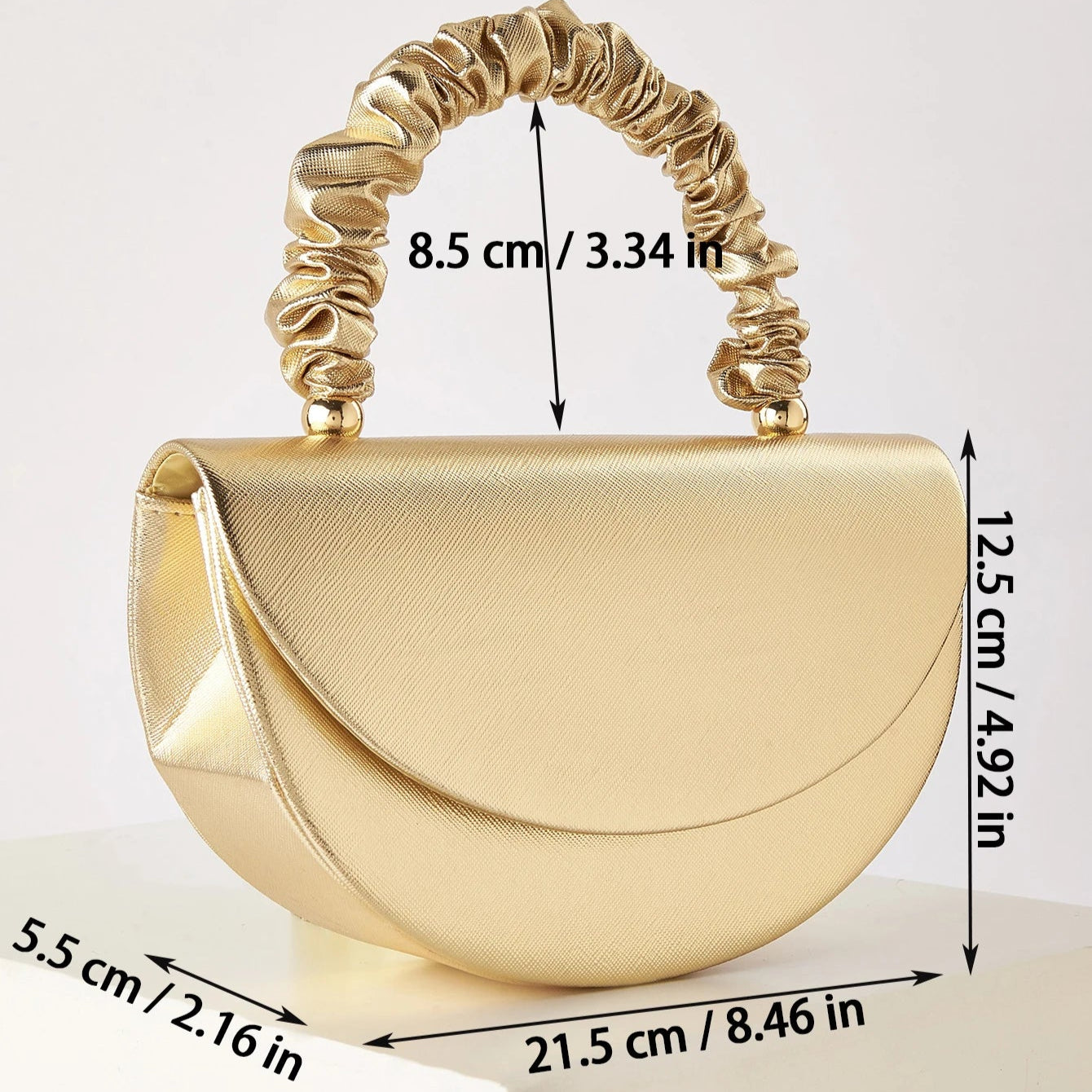 Gold ruched handle half-moon evening clutch, front view