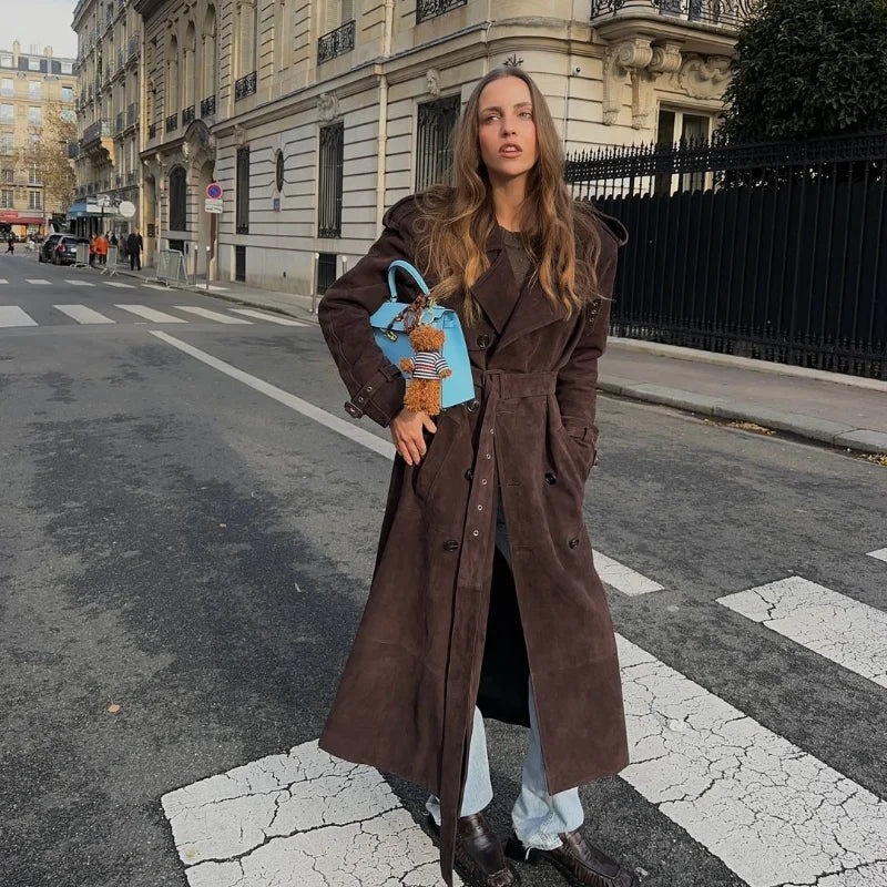 Retro Suede Long Trench Coat With Belt – Double-Breasted, Lapel, Full-Length