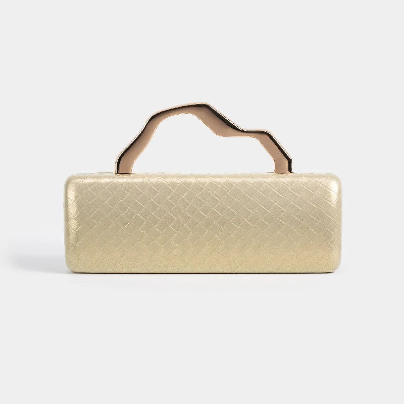 Woven-texture hard-shell evening clutch with gold top handle in assorted colors