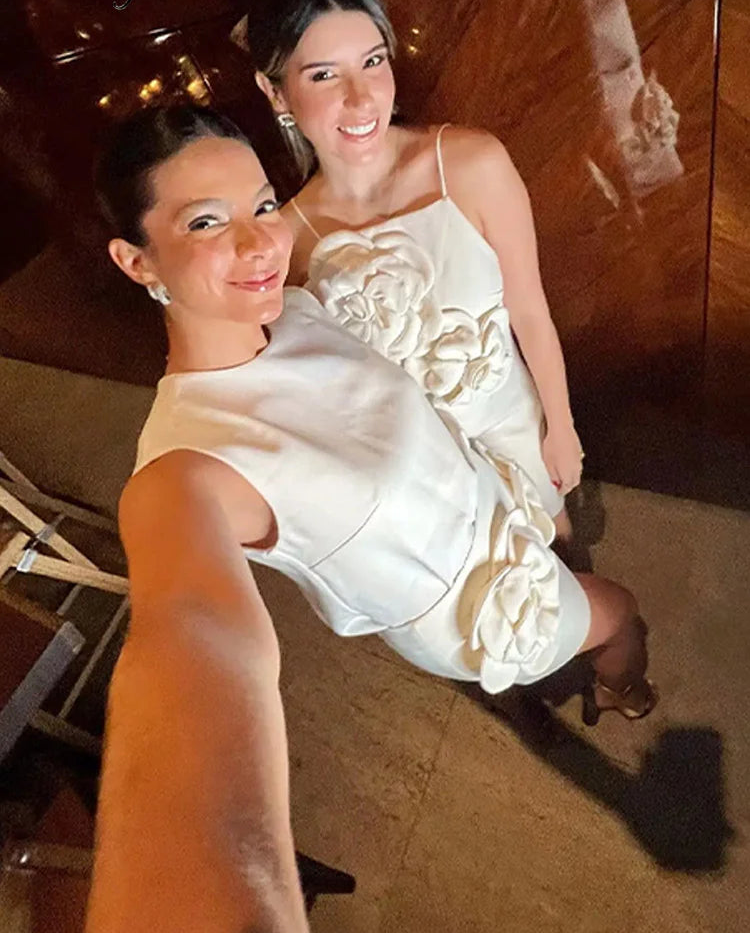 3D Flower Applique Two-Piece Skirt Set - Sleeveless Top - Murps Luxury