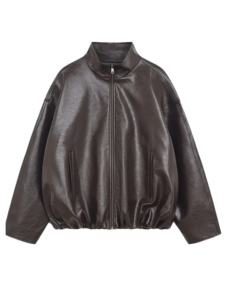 Olive Faux Leather Oversized Bomber Jacket for Women - Murps Luxury