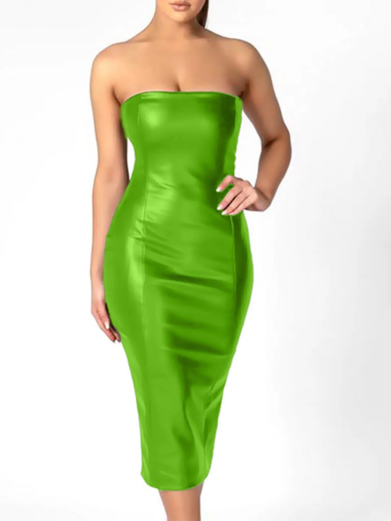 Strapless Vegan Leather Midi Dress - Brown | Sculpting Bodycon | Murps Luxury 2025