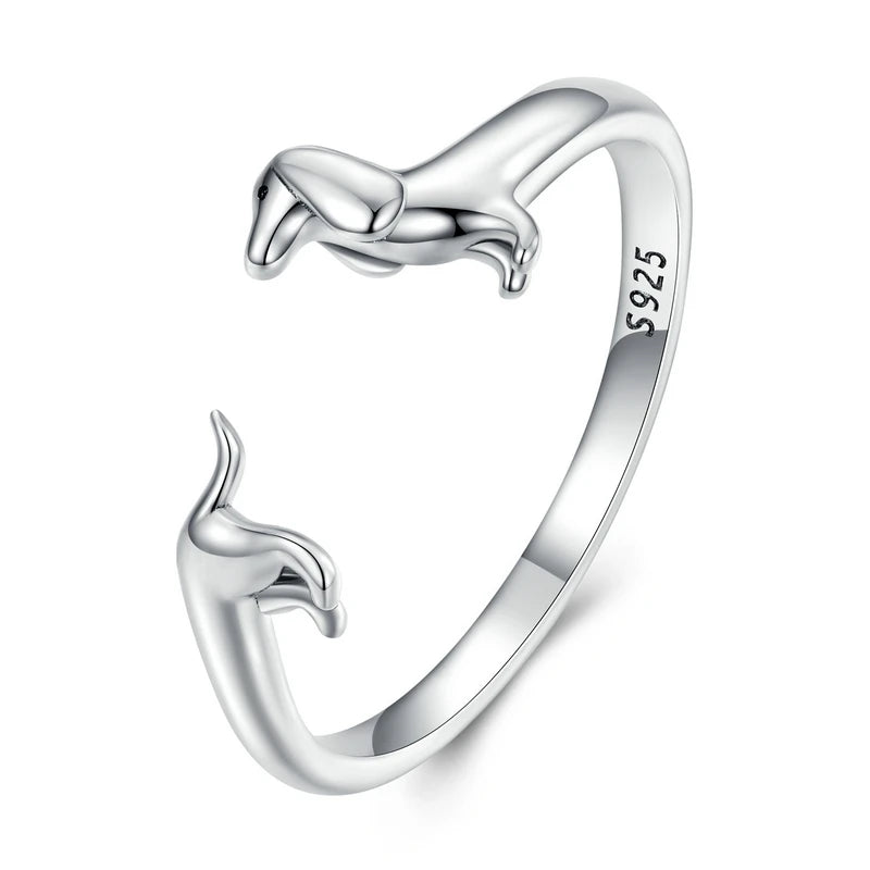 925 sterling silver dachshund dog adjustable ring on hand