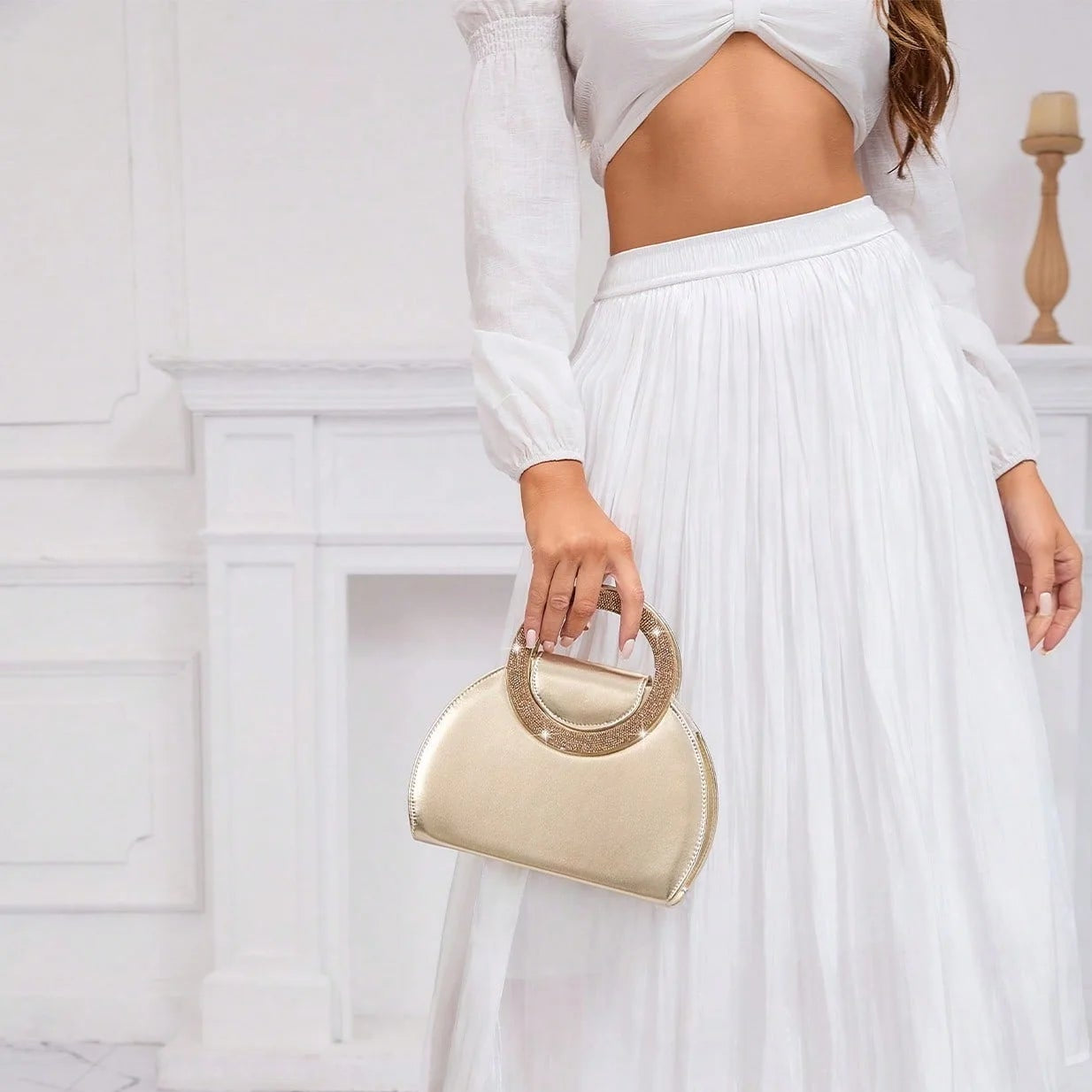 Ring Handle Woven Evening Clutch – Metallic PU, Hardcase, Chain Strap