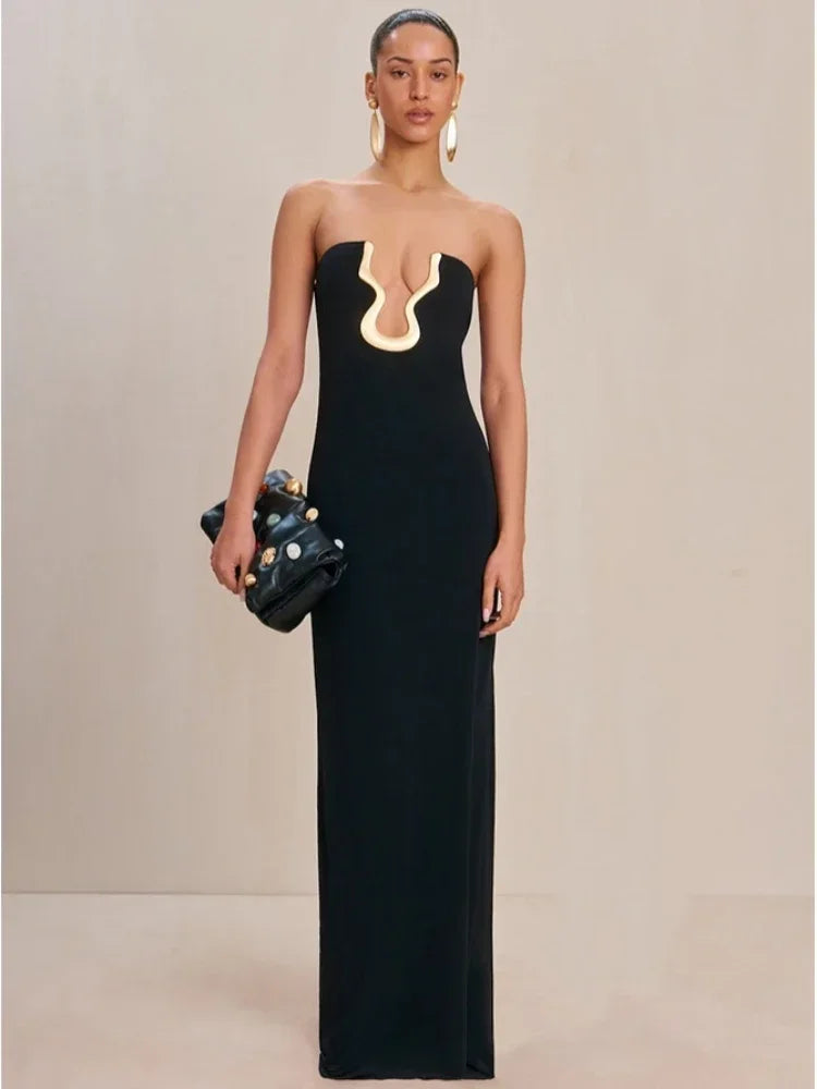 strapless black bodycon maxi dress with u shaped metal neckline red carpet style