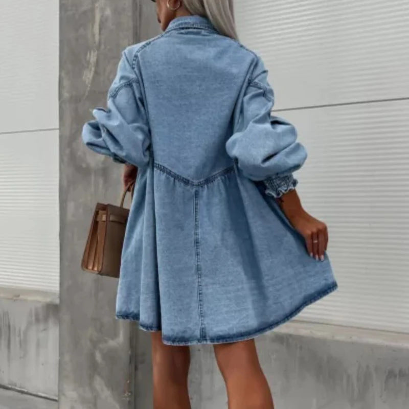 Oversized Denim Shirt Dress for Women - A Line Mini With Lantern Sleeves and Pockets
