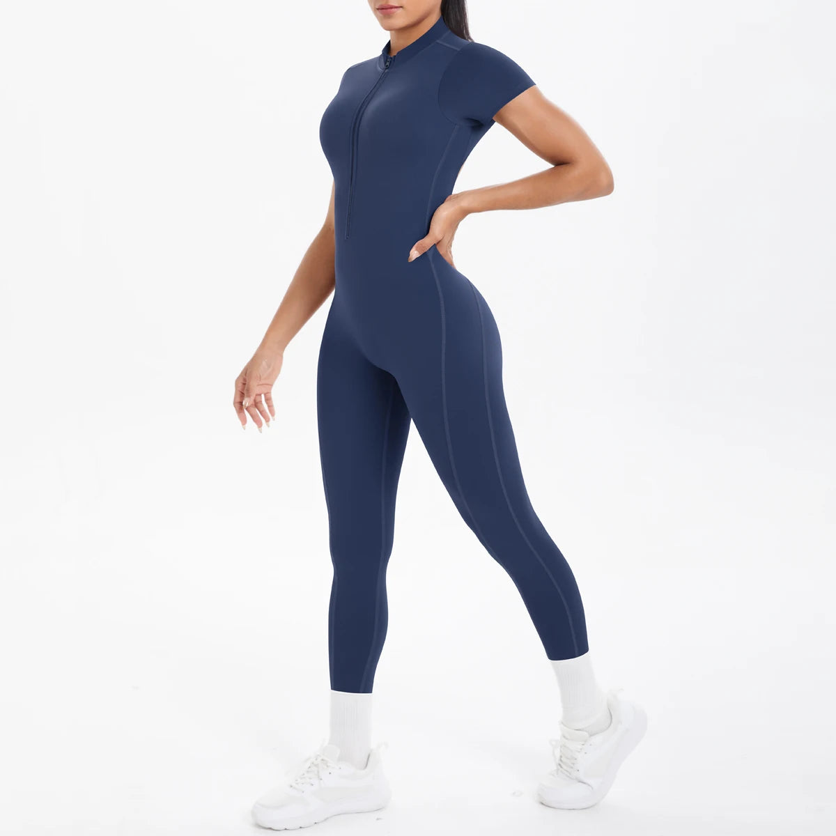 Open-Back Sculpt Jumpsuit (Short Sleeve, Zip Front)