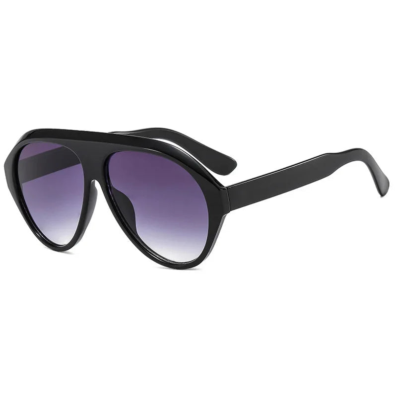 Black sunglasses with purple gradient lenses on a white background