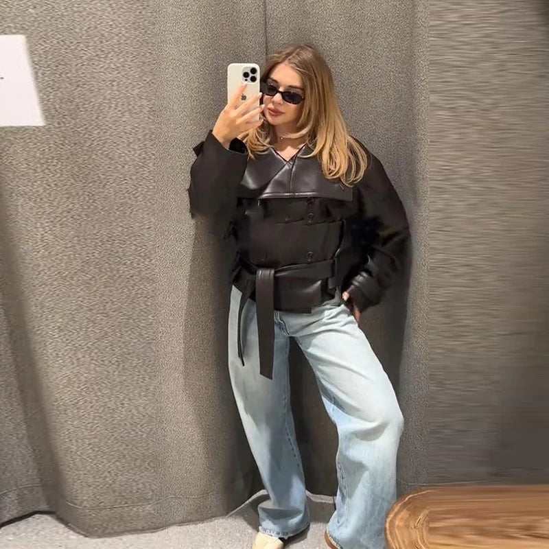 Belted Faux Leather Blazer for Women | Glossy Waist-Tie Jacket