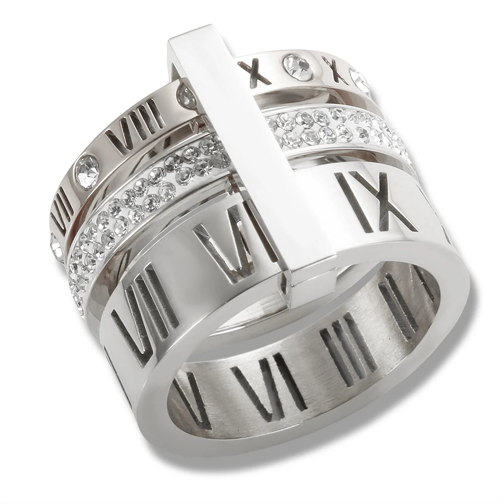 Trendy Roman Numeral Crystal Ring | Triple-Layer 13 mm Wide Stainless Steel Band