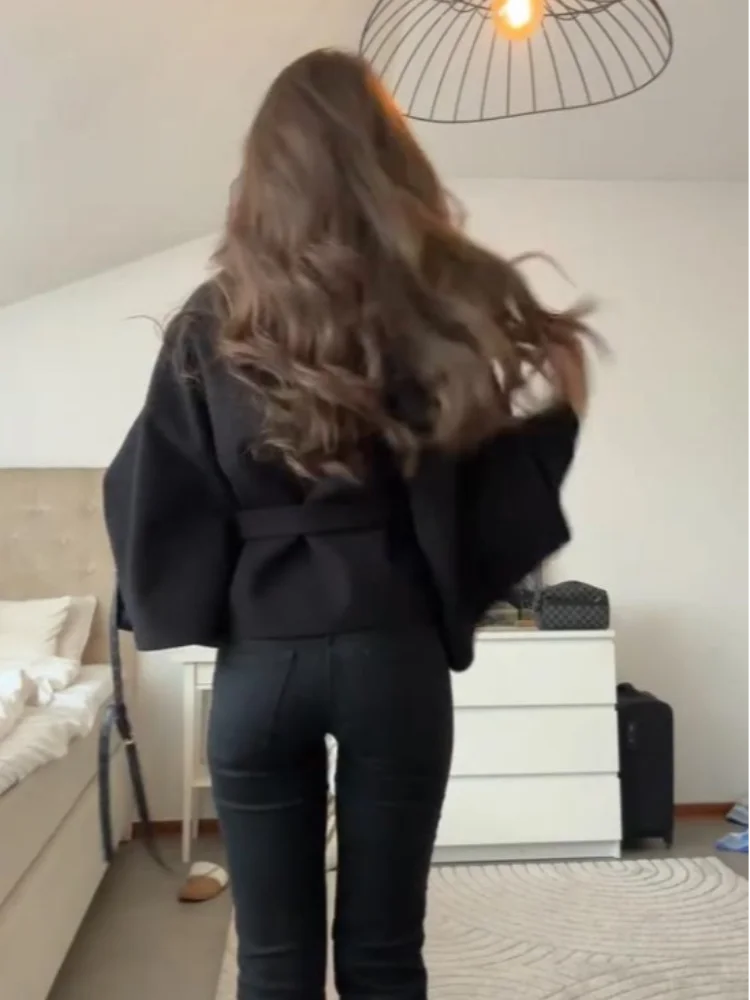 Belted Cape Jacket – Stand Collar, Wide Sleeves (Wool-Blend)