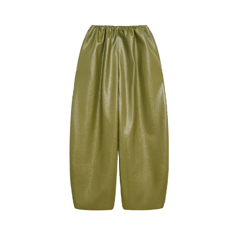 Olive Faux Leather Oversized Bomber Jacket for Women - Murps Luxury