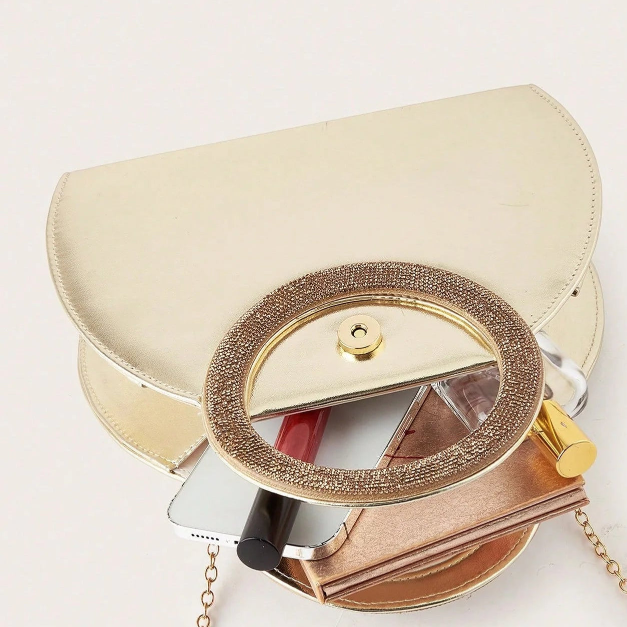 Ring Handle Woven Evening Clutch – Metallic PU, Hardcase, Chain Strap