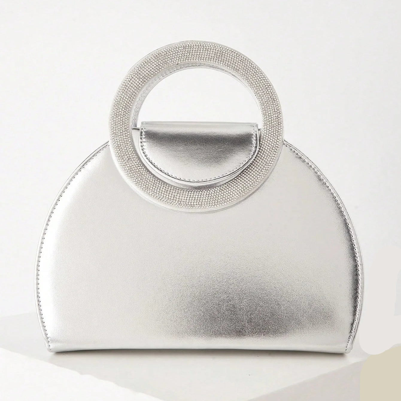 Ring Handle Woven Evening Clutch – Metallic PU, Hardcase, Chain Strap