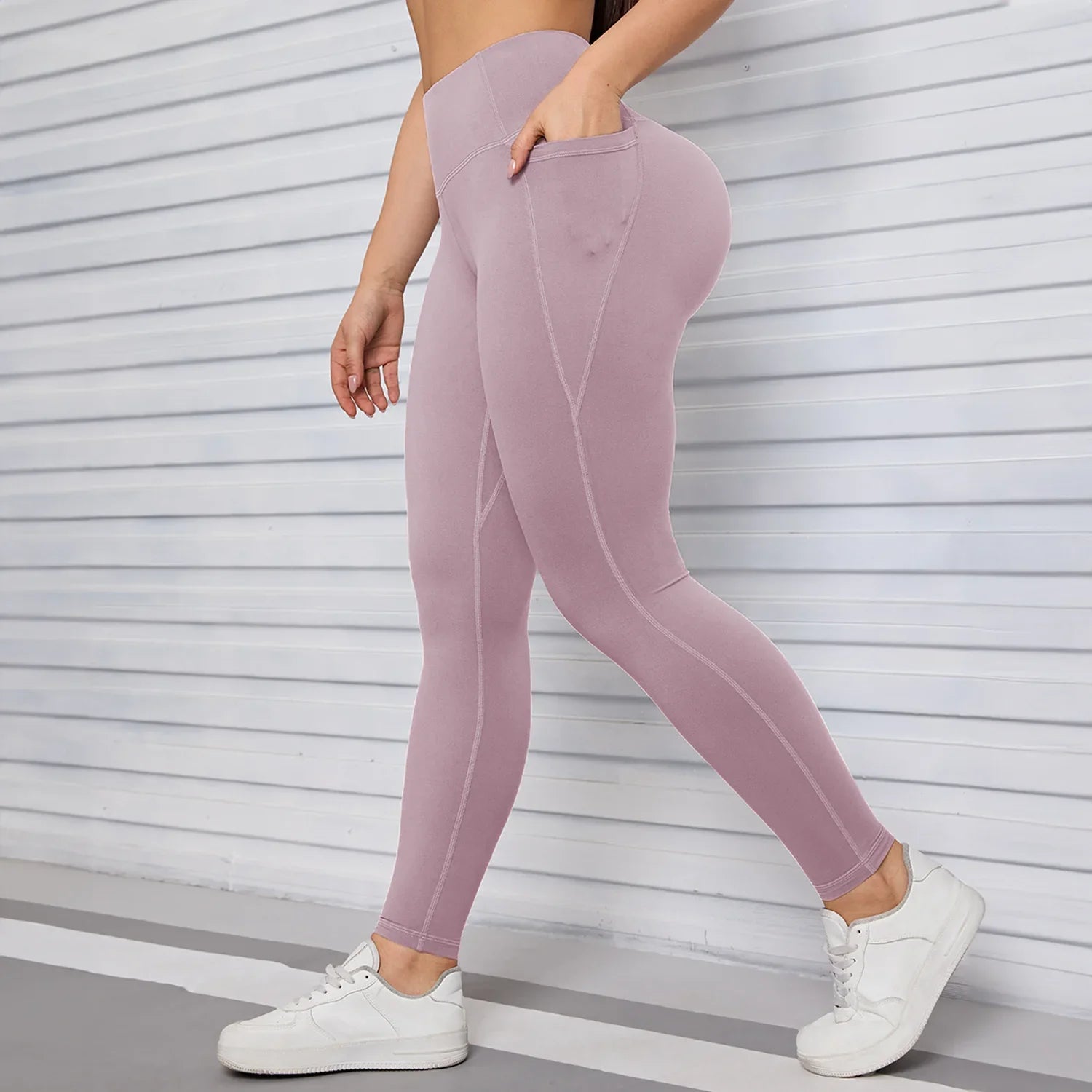 pink high-waist yoga leggings with side phone pockets – Murps