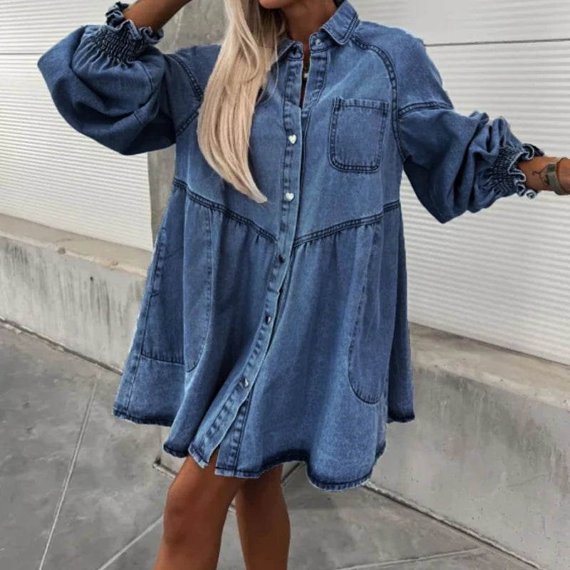 Oversized Denim Shirt Dress for Women - A Line Mini With Lantern Sleeves and Pockets
