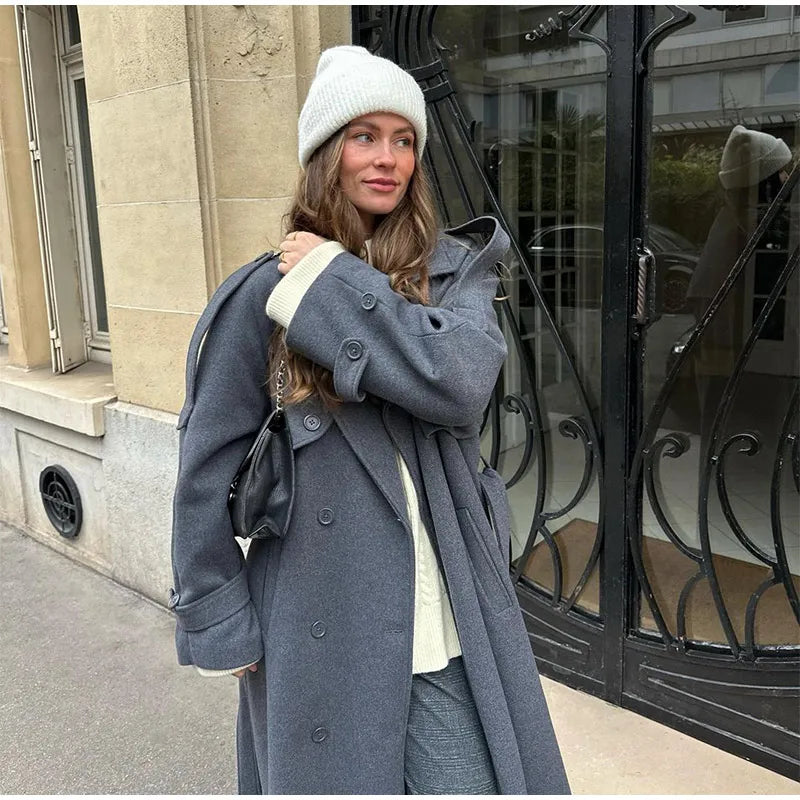 Wool Blend Long Coat - Double Breasted, Belted Silhouette, Turn Down Collar