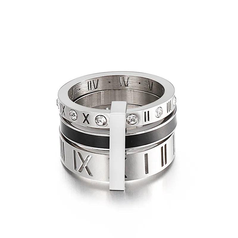 Trendy Roman Numeral Crystal Ring | Triple-Layer 13 mm Wide Stainless Steel Band