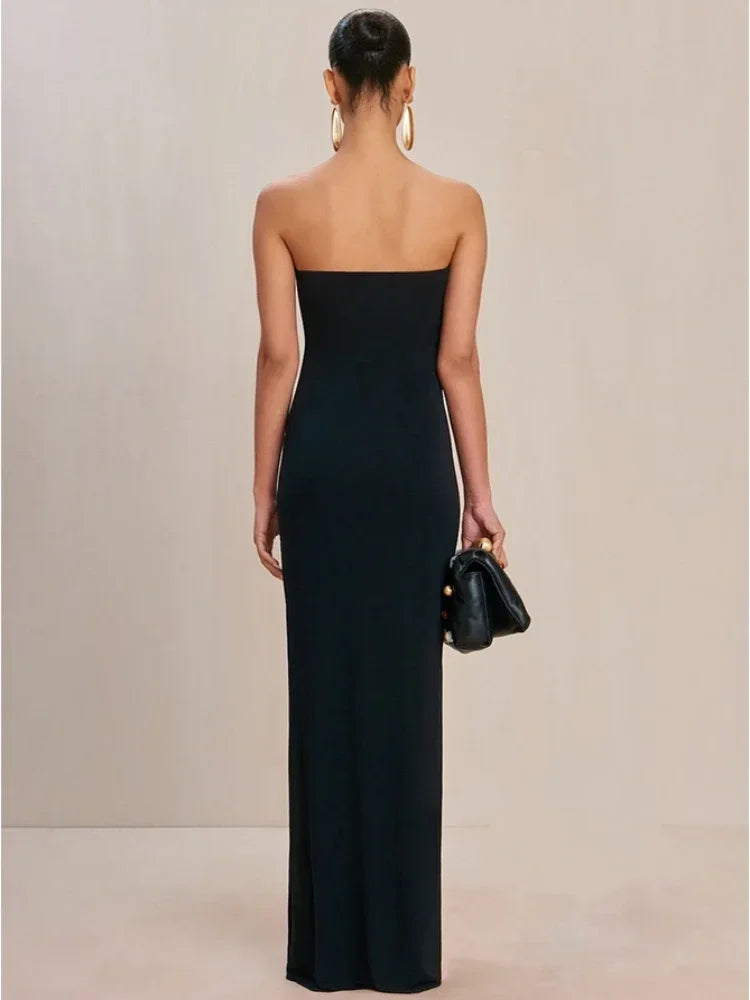 strapless black bodycon maxi dress with u shaped metal neckline red carpet style