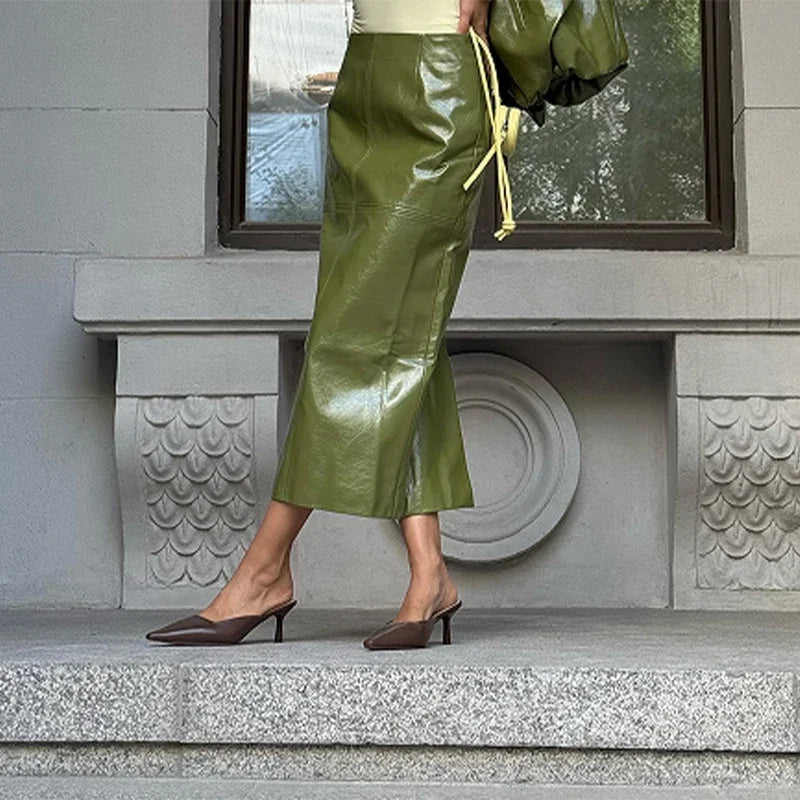 Vintage Olive PU Leather Jacket & Midi Skirt Set - High Neck Zip Coat - Slim Fit Pencil Skirt