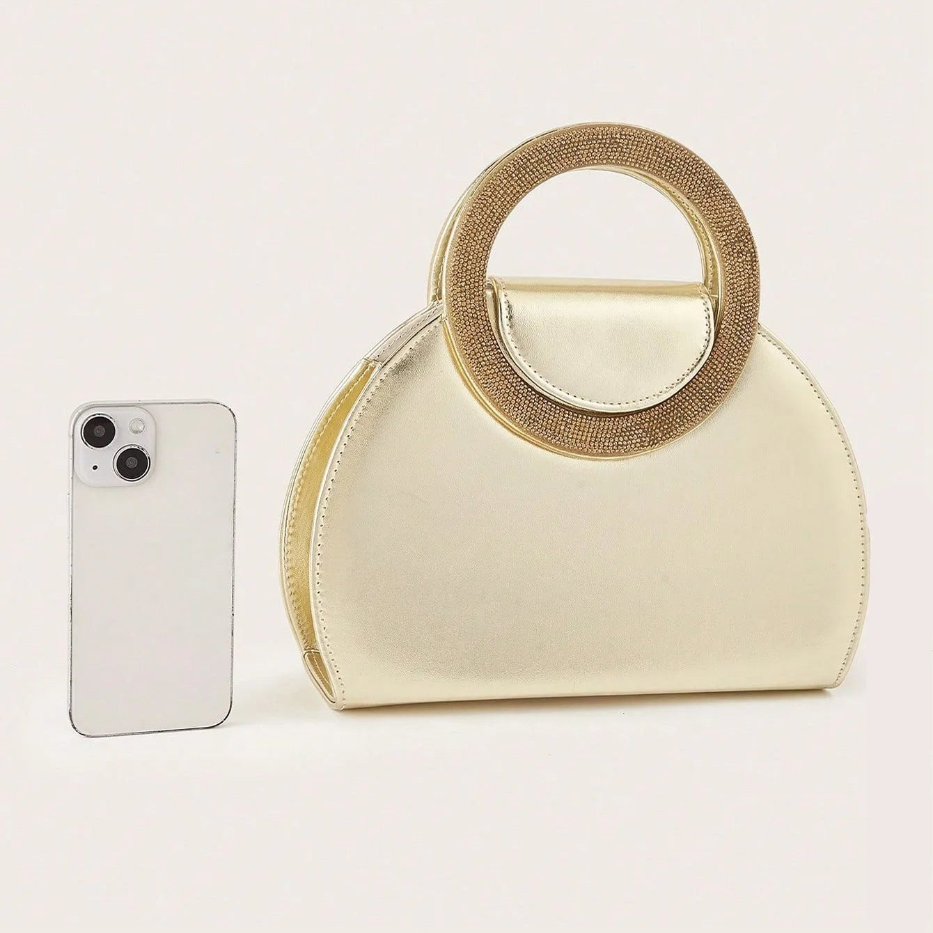 Ring Handle Woven Evening Clutch – Metallic PU, Hardcase, Chain Strap