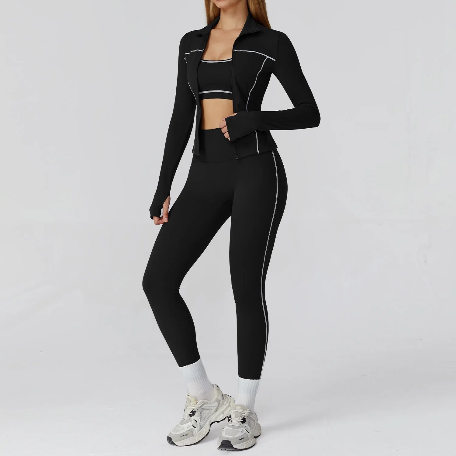 Women’s 3 Piece Workout Set - High Waist Leggings, Sports Bra, Zip Jacket