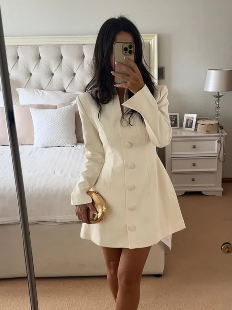 Women Chic Solid A-line Mini Dresses ElegantSingle-breasted V Collar Full Sleeves Short Vestidos Fashion New Lady Commute Gowns