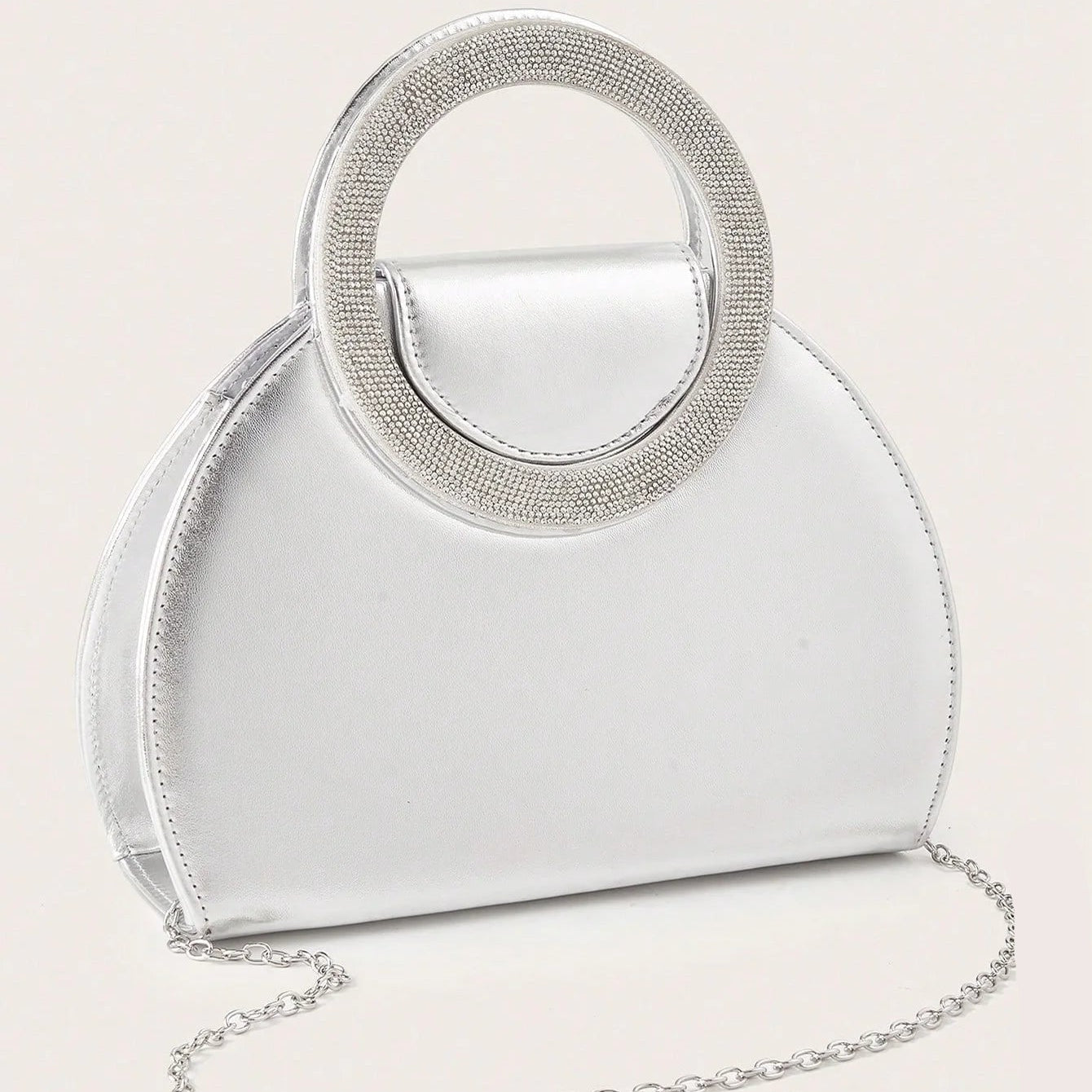 Ring Handle Woven Evening Clutch – Metallic PU, Hardcase, Chain Strap