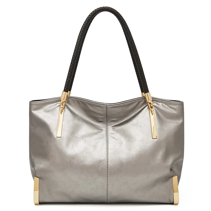 Leather Tote Bag - Braided Handles & Gold Hardware
