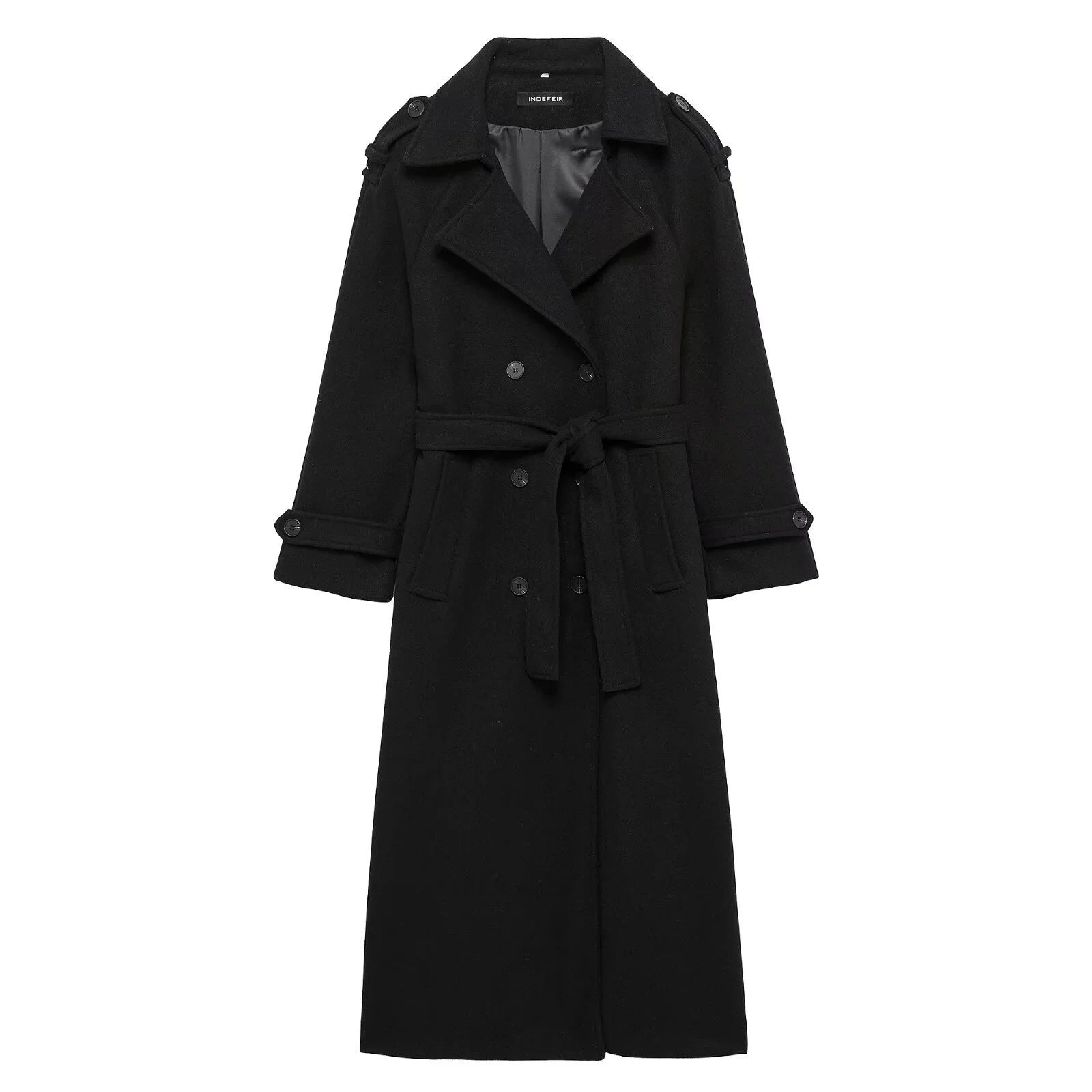 Wool Blend Long Coat - Double Breasted, Belted Silhouette, Turn Down Collar