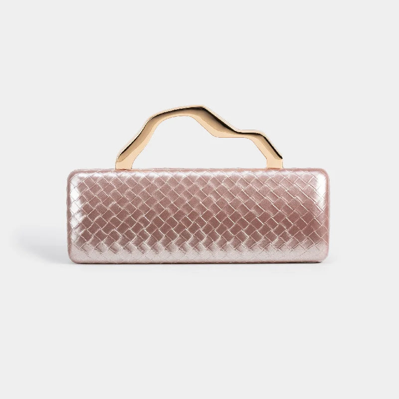 Woven-texture hard-shell evening clutch with gold top handle in assorted colors