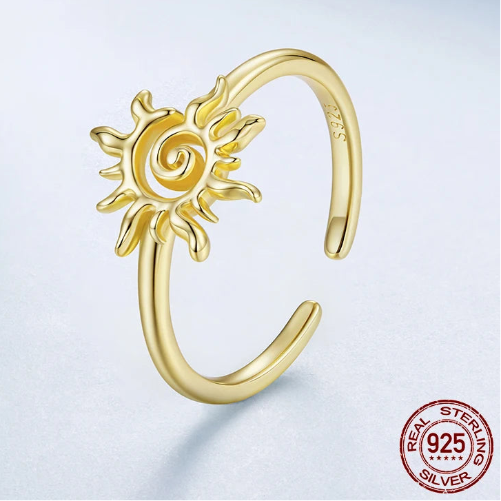 925 Sterling Silver Sun Open Ring | Adjustable Gold-Plated Celestial Band