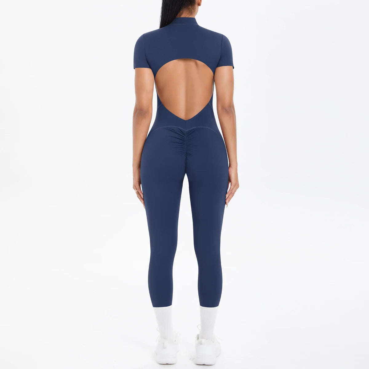 Open-Back Sculpt Jumpsuit (Short Sleeve, Zip Front)