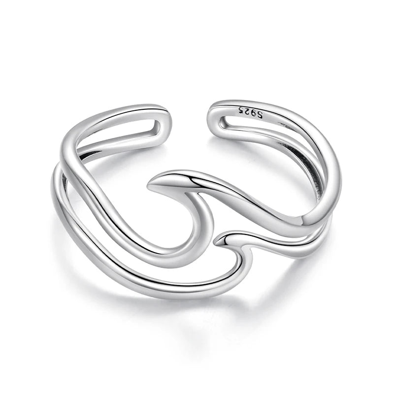 Curved Double-Layer Wave Ring | Adjustable 925 Sterling Silver Open Band