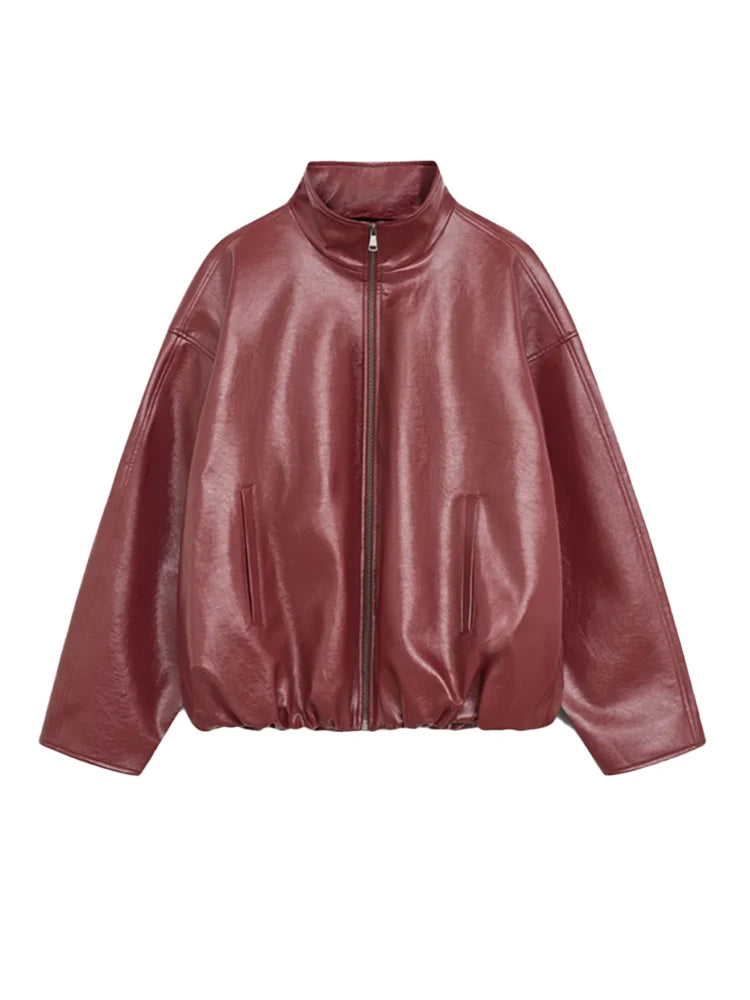 Olive Faux Leather Oversized Bomber Jacket for Women - Murps Luxury