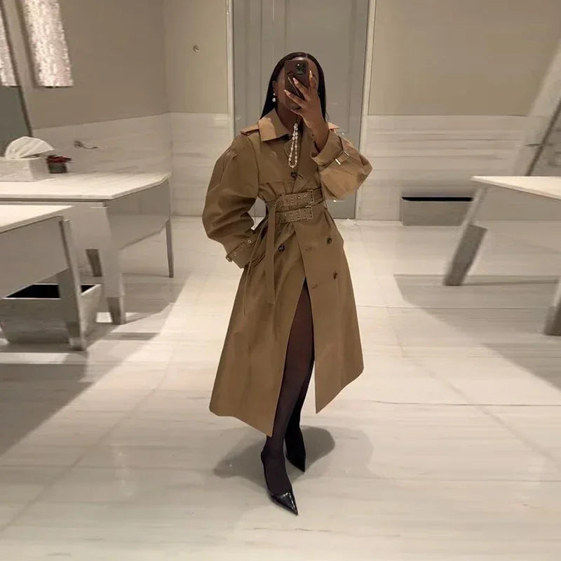 Double-Breasted Khaki Trench – Double Belt, Lapel Collar (Short & Long)