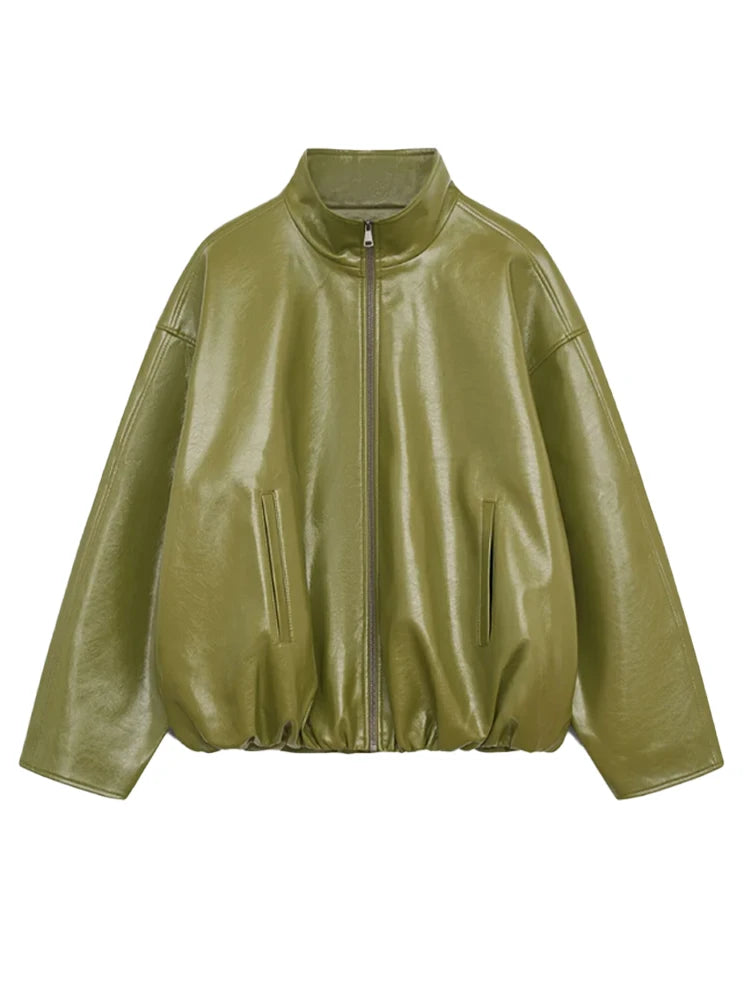 Olive Faux Leather Oversized Bomber Jacket for Women - Murps Luxury