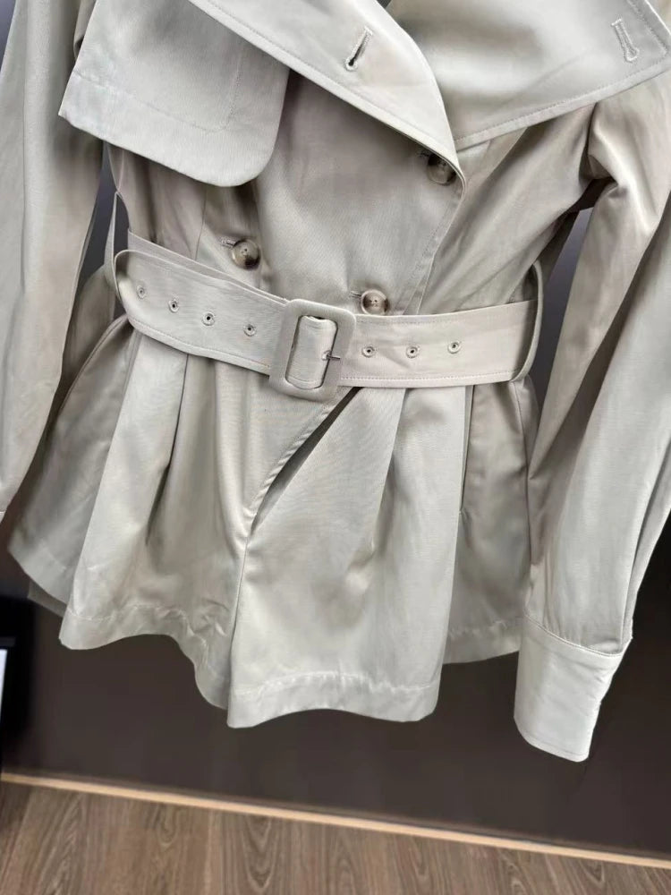 Trench-Style Belted Romper - Double-Breasted, Wide Lapel