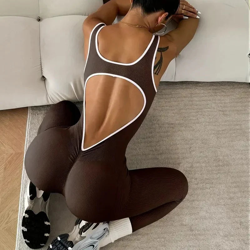 Seamless Ribbed Cut-Out Back Jumpsuit – Quick-Dry