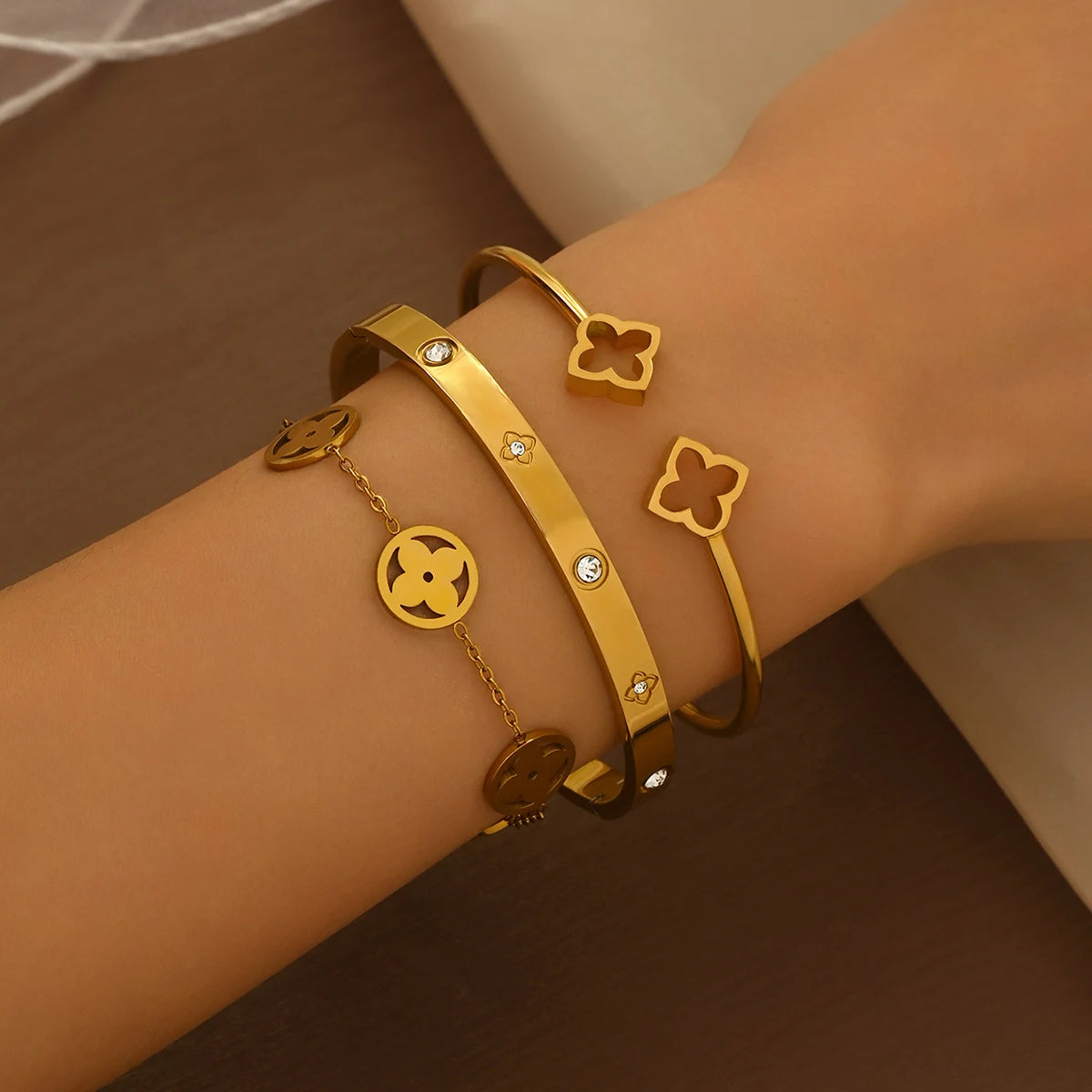 Four-Leaf Clover CZ Stainless Steel Bracelet Set - Waterproof - Fade-Resistant (1 or 3 pcs)