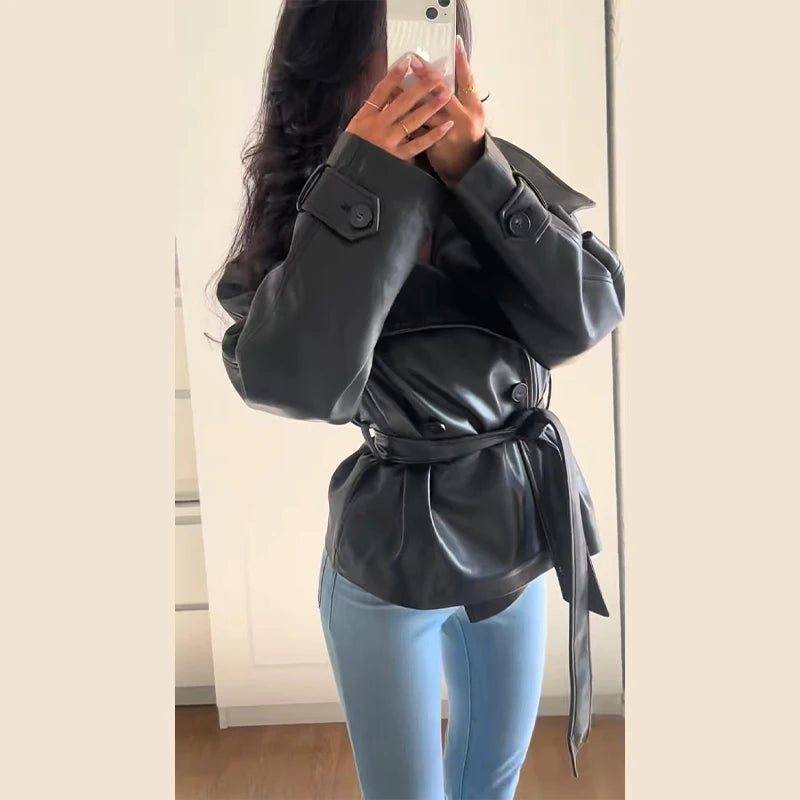 Belted Faux Leather Blazer for Women | Glossy Waist-Tie Jacket