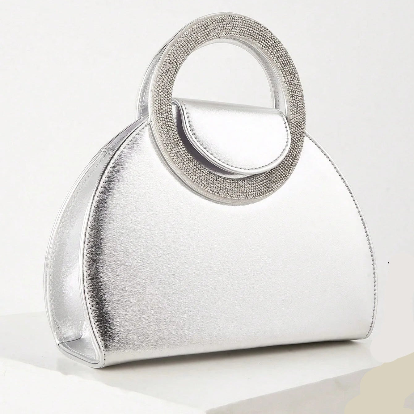 Ring Handle Woven Evening Clutch – Metallic PU, Hardcase, Chain Strap