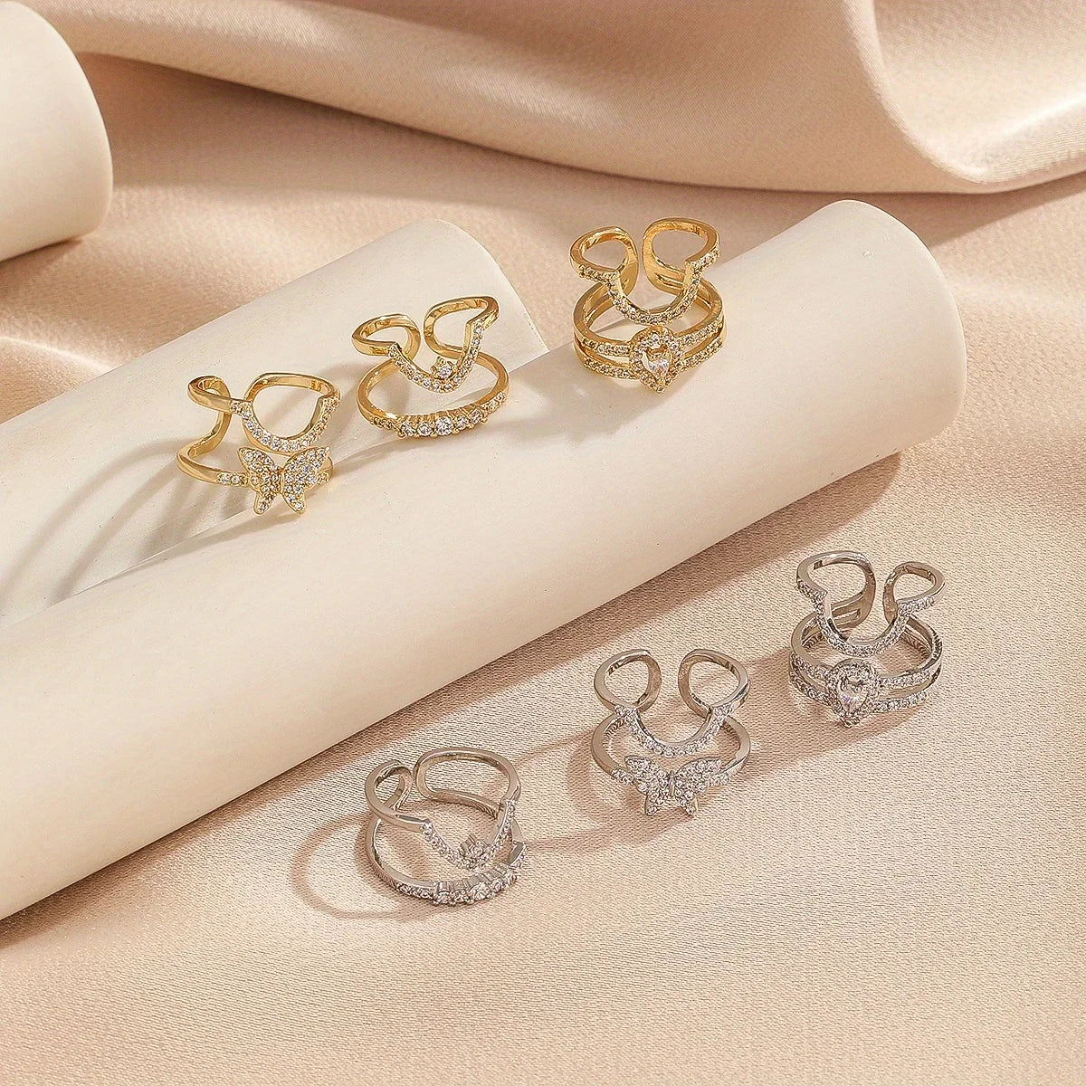 Murps 18K Gold-Plated CZ Stackable Open Rings Set – Adjustable