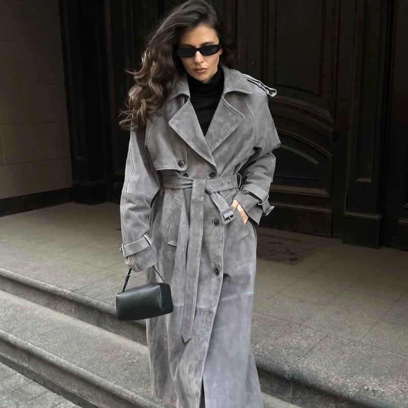 Retro Suede Long Trench Coat With Belt – Double-Breasted, Lapel, Full-Length