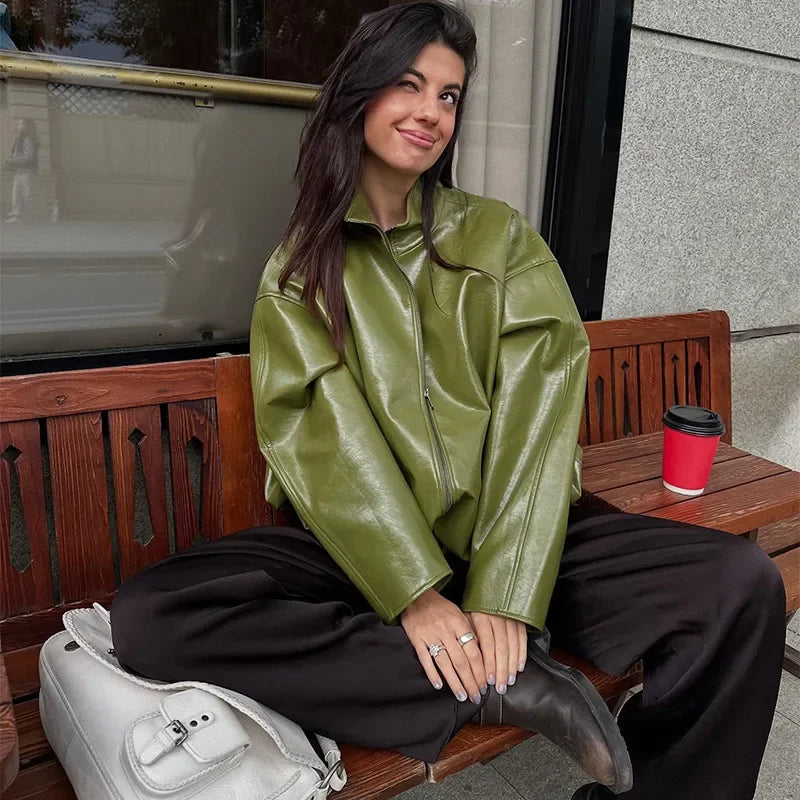 Vintage Olive PU Leather Jacket & Midi Skirt Set - High Neck Zip Coat - Slim Fit Pencil Skirt