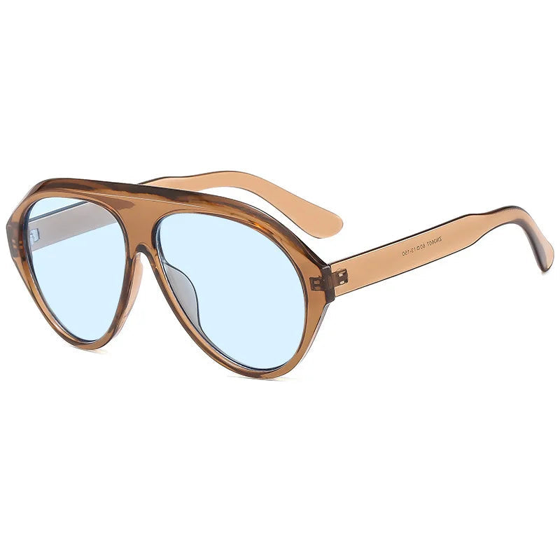 Sunglasses with a brown frame and blue lenses on a white background