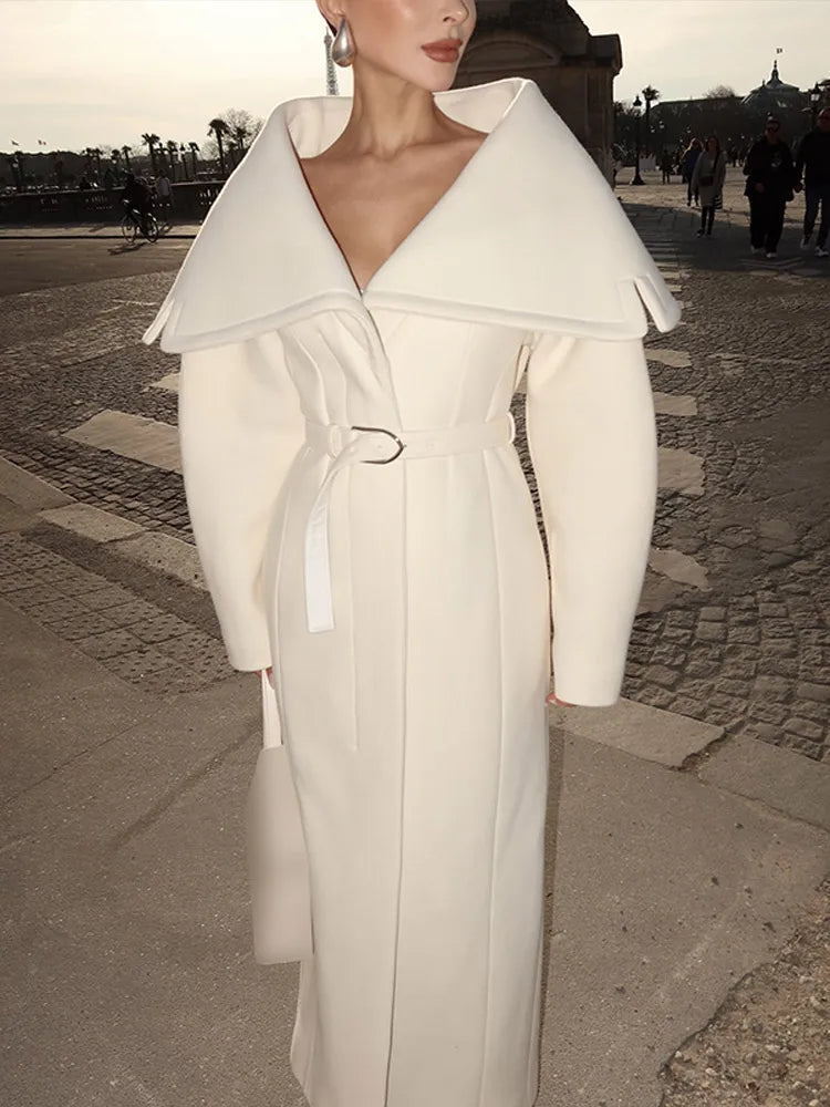 Women’s White Lapel Wool-Blend Long Overcoat - Double Breasted - Belted Waist