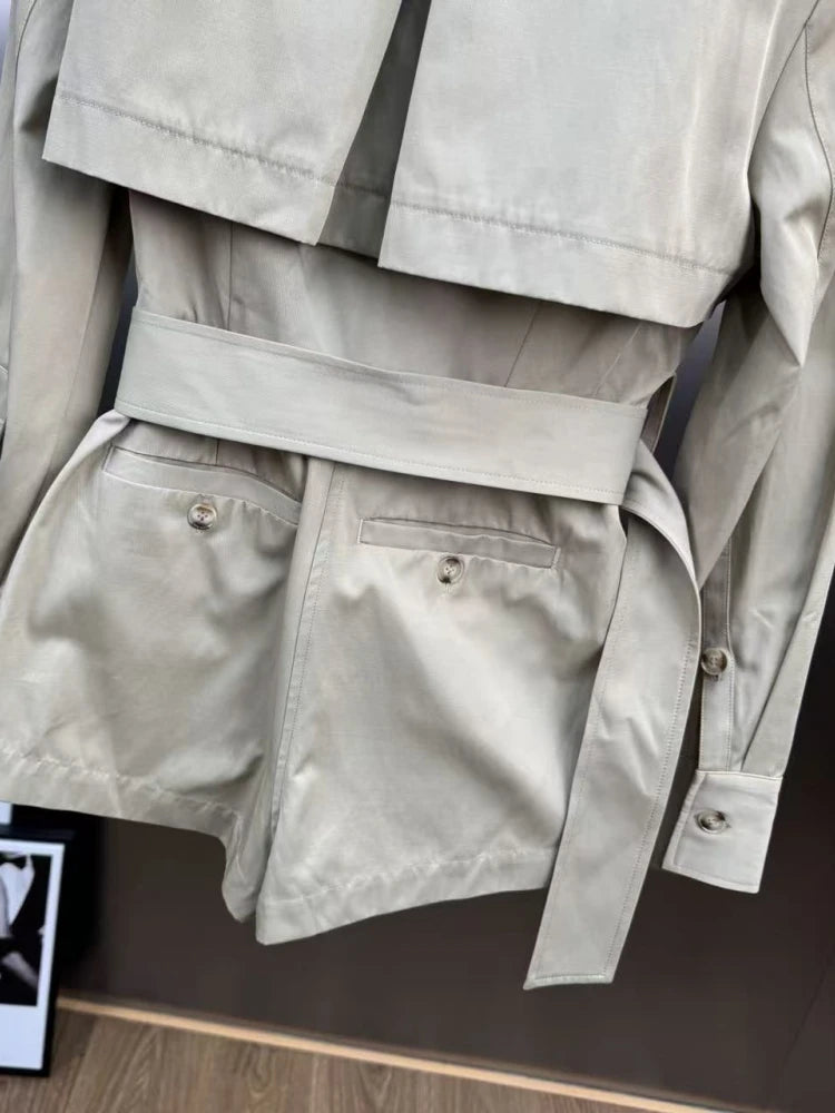 Trench-Style Belted Romper - Double-Breasted, Wide Lapel