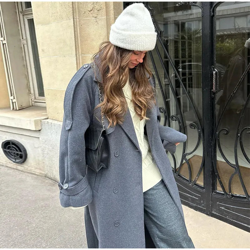 Wool Blend Long Coat - Double Breasted, Belted Silhouette, Turn Down Collar