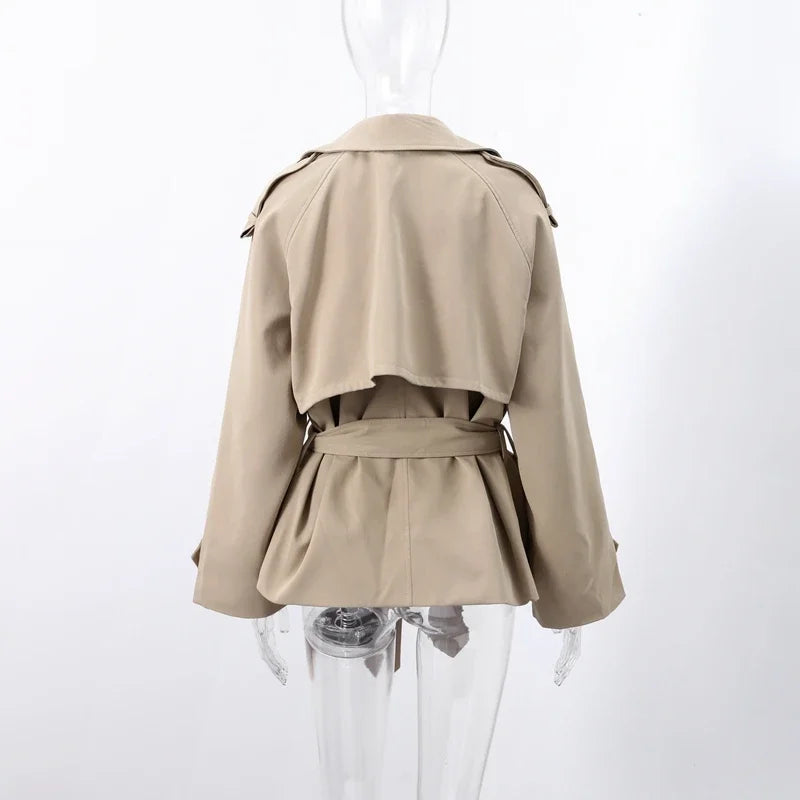 Cropped Double - Breasted Belted Trench Jacket Wide - Waisted Fit
